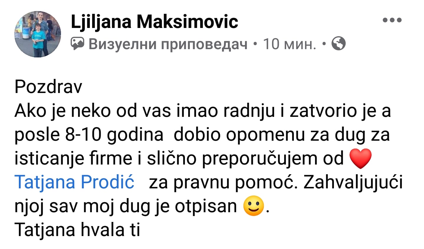 Preporuka za advokatsku kancelariju Tatjane Prodić Novi Sad